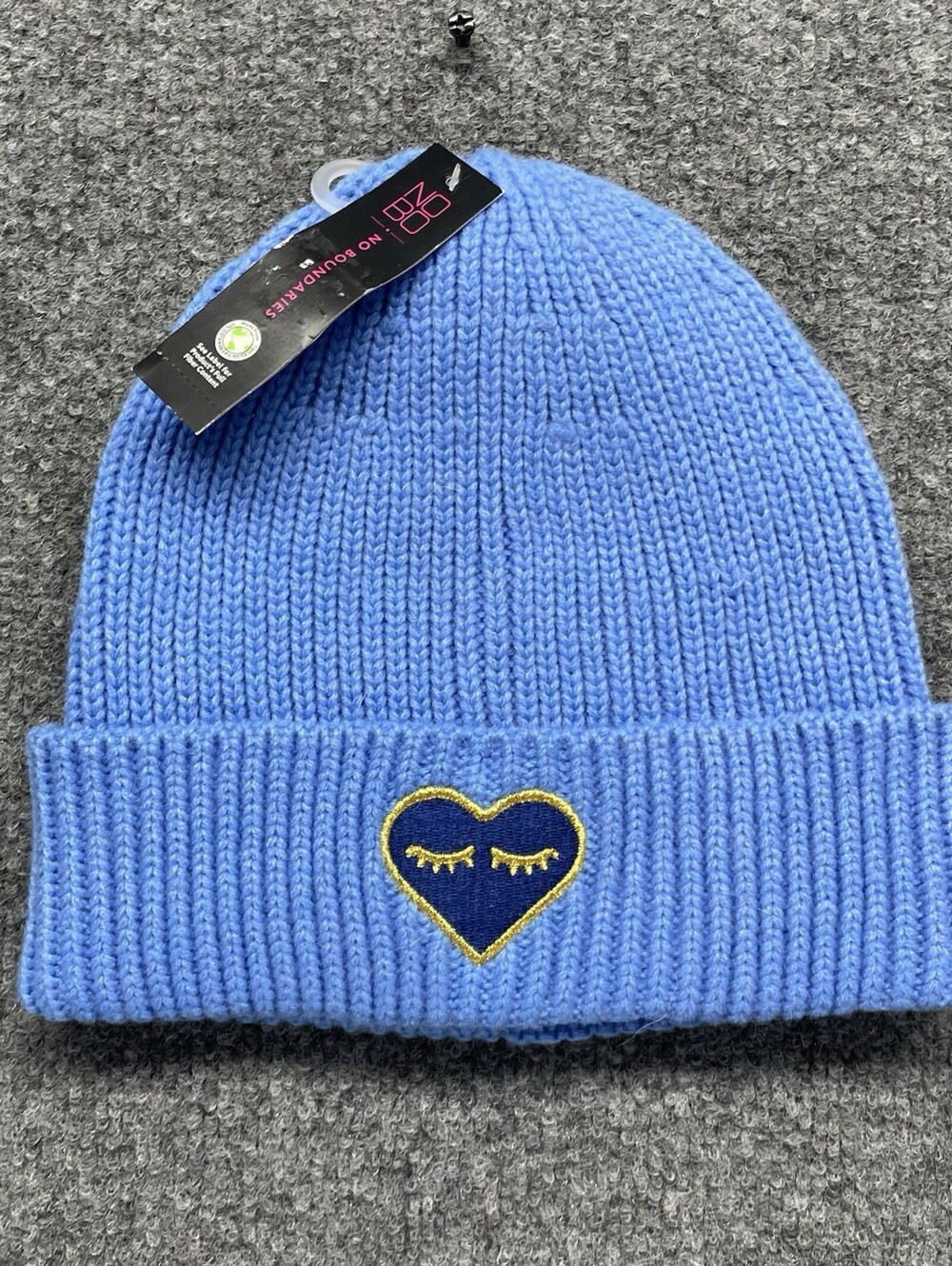 No Boundaries One Size Blue Heart Eyelash Knit Cuffed Beanie NWT Winter Hat Warm